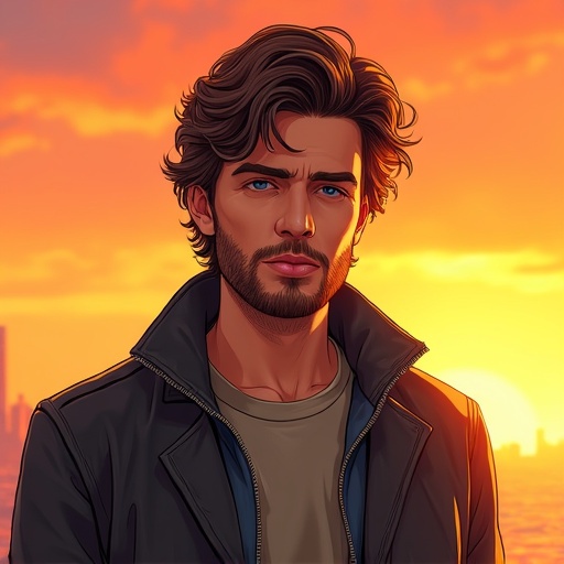 Illustration of a character with medium-length tousled brown hair and a short beard. The character wears a dark jacket over a lighter-colored shirt. The background shows a gradient of warm colors indicating a sunset.