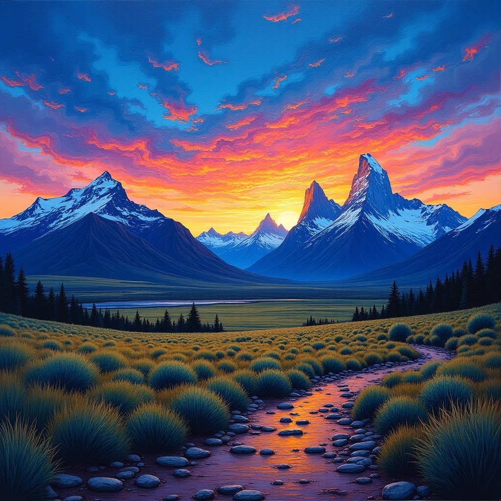 This artwork shows an imaginary landscape of mount Fitz Roy in Patagonia. Dramatic sunset shifts from deep blues to vibrant oranges, pinks, and purples. Mountains and green fields surround the scene. The artwork reflects Van Gogh's style and conveys tranquility and peace in nature.