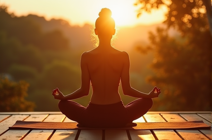 A person sits in a meditative pose on a wooden deck, silhouetted by the setting sun in a peaceful natural setting.