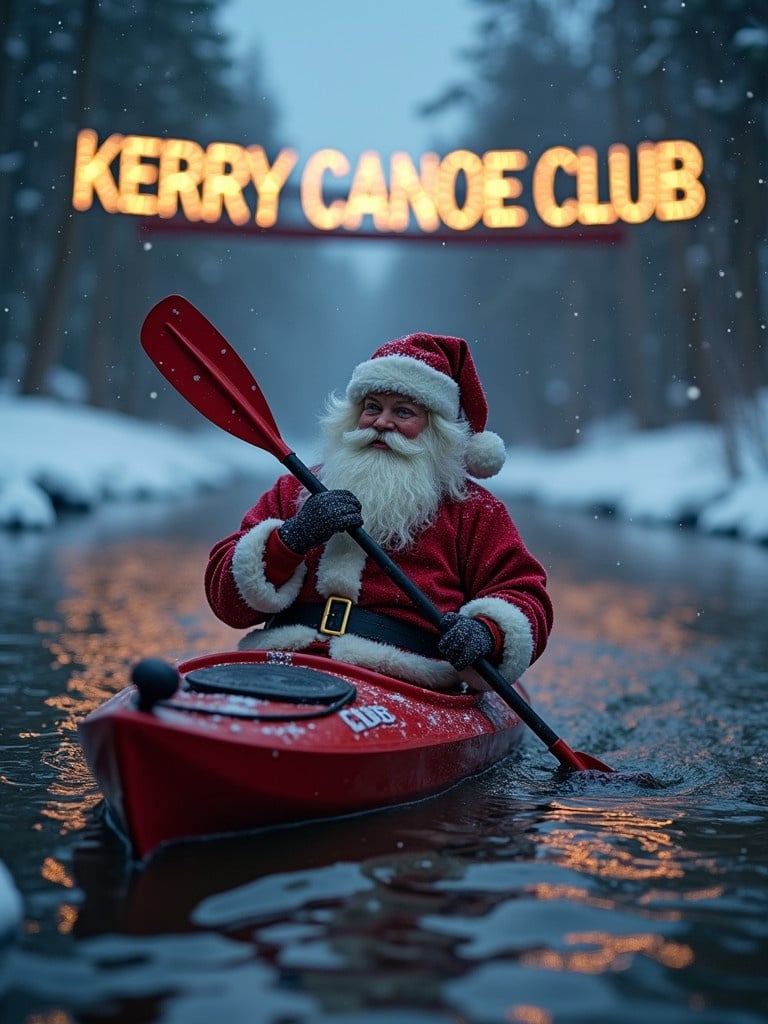 Santa Claus figure paddling in a red kayak on a snow-covered river. The glowing sign of Kerry Canoe Club is visible in the background against a winter landscape.