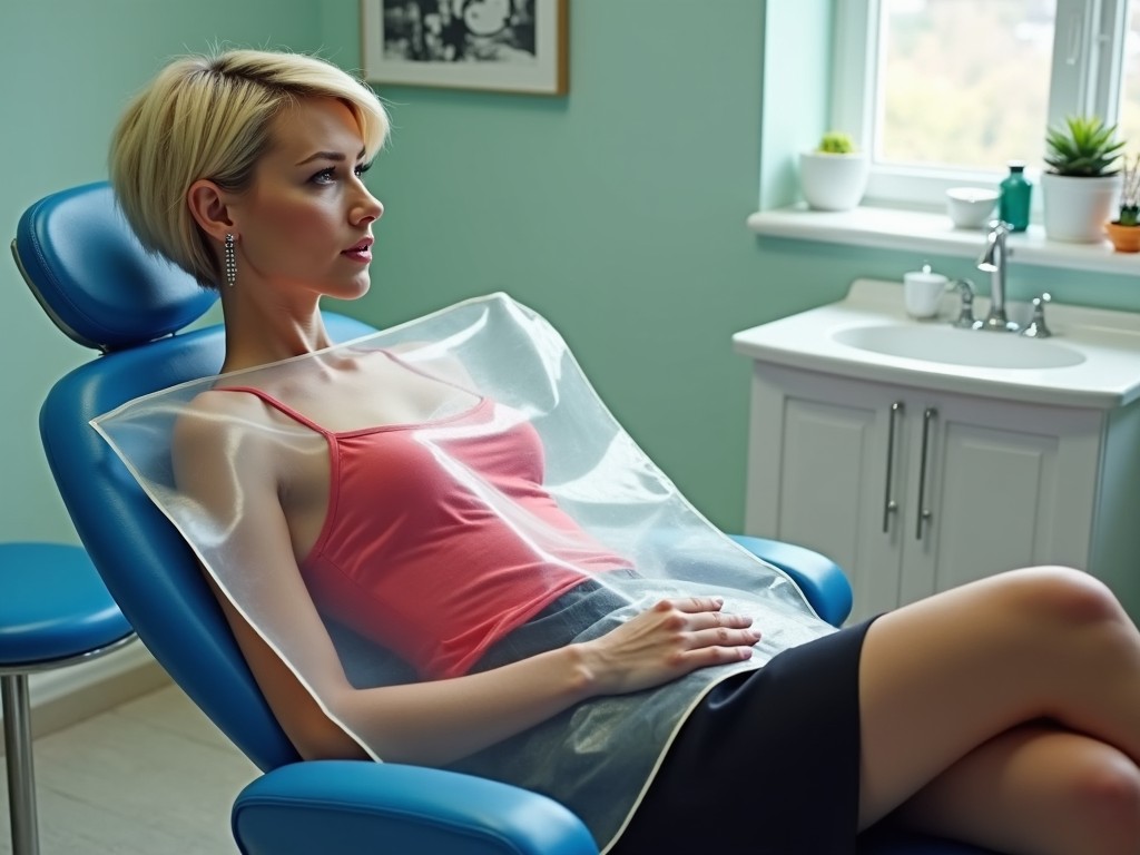 The image shows a woman with short blonde hair in a dental clinic setting. She is dressed in a red tank top and a shiny black skirt. The woman is reclining in a dental chair while wearing an oversized clear PVC mealtime bib with blue edges. The bib drapes over her knees, highlighting a unique fashion choice in a clinical environment. The background features a light green wall, which adds to the calming atmosphere of the clinic, complemented by natural light from a window. Small plants and a sink can also be seen, enhancing the clinical yet stylish vibe.