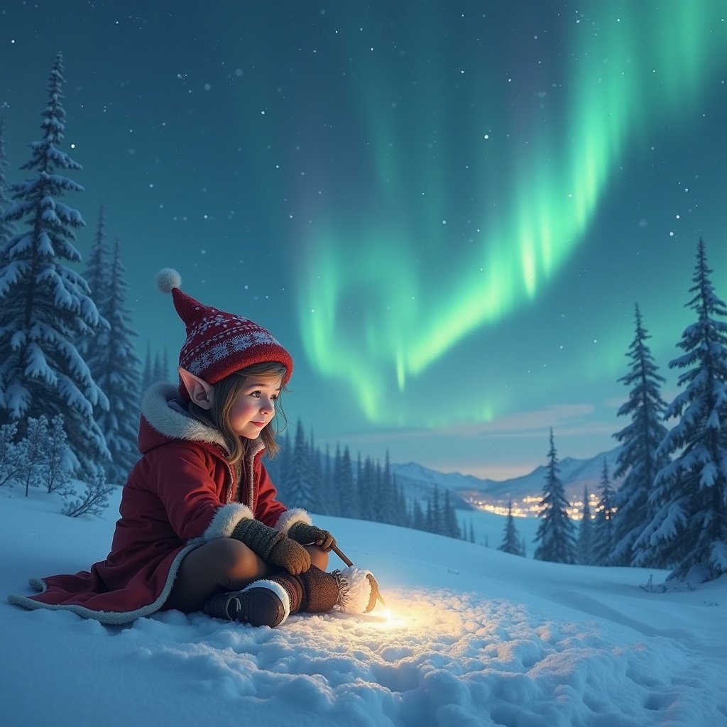 An elf in winter attire sits on snow, writing in the snow under a sky filled with vibrant northern lights.