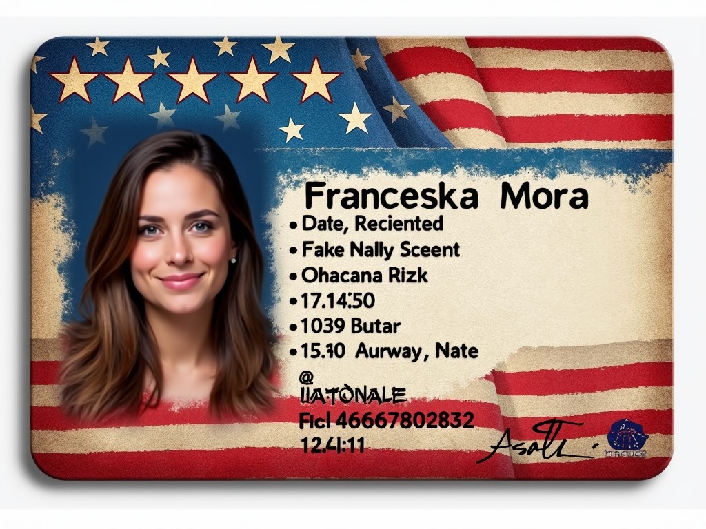 This image features an identification card for Franceska Mora. The card has a background of red and white stripes, resembling the American flag, along with blue stars. It includes personal details like name, date, and a photo. The design is clean and professional, suitable for official purposes. It conveys a sense of identity and affiliation.