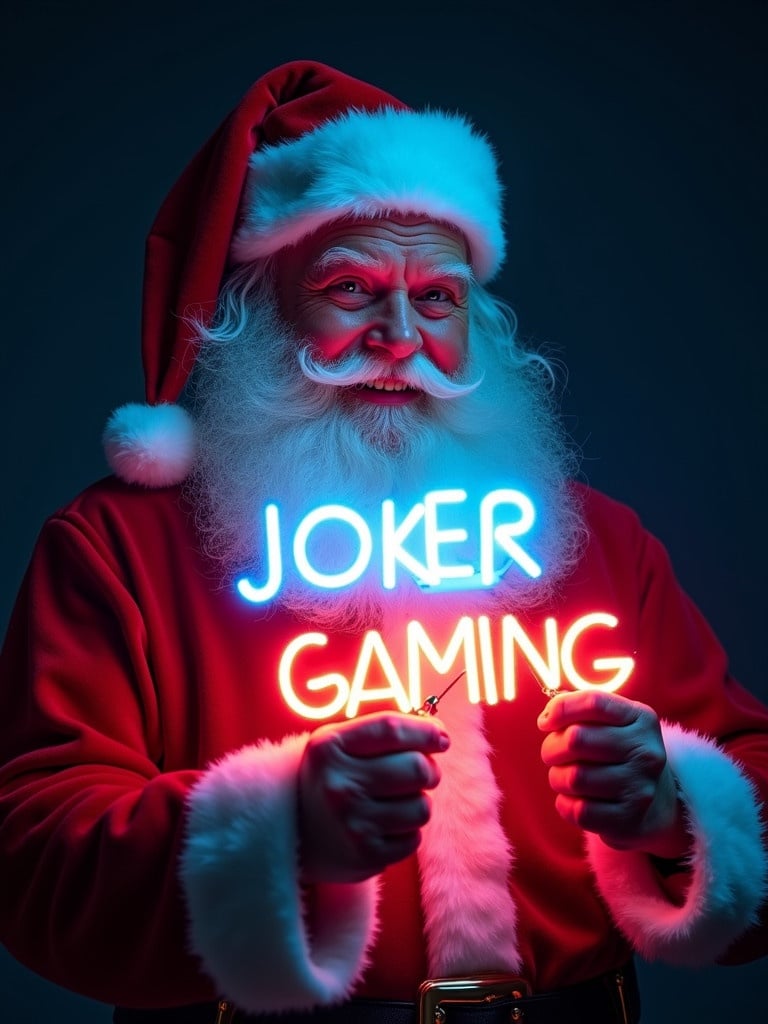 Santa Claus in a red and white suit holds a neon sign saying Joker Gaming. Jolly expression showcases holiday cheer. Dark background brings focus to the glowing text. Scene captures Christmas magic and joy.