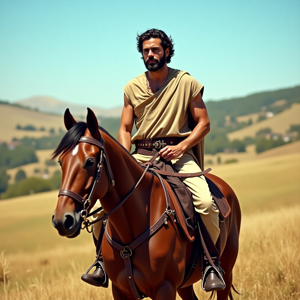 Man mounted on a horse wearing a tunic and a leather belt. Rural landscape in the background with gentle hills.