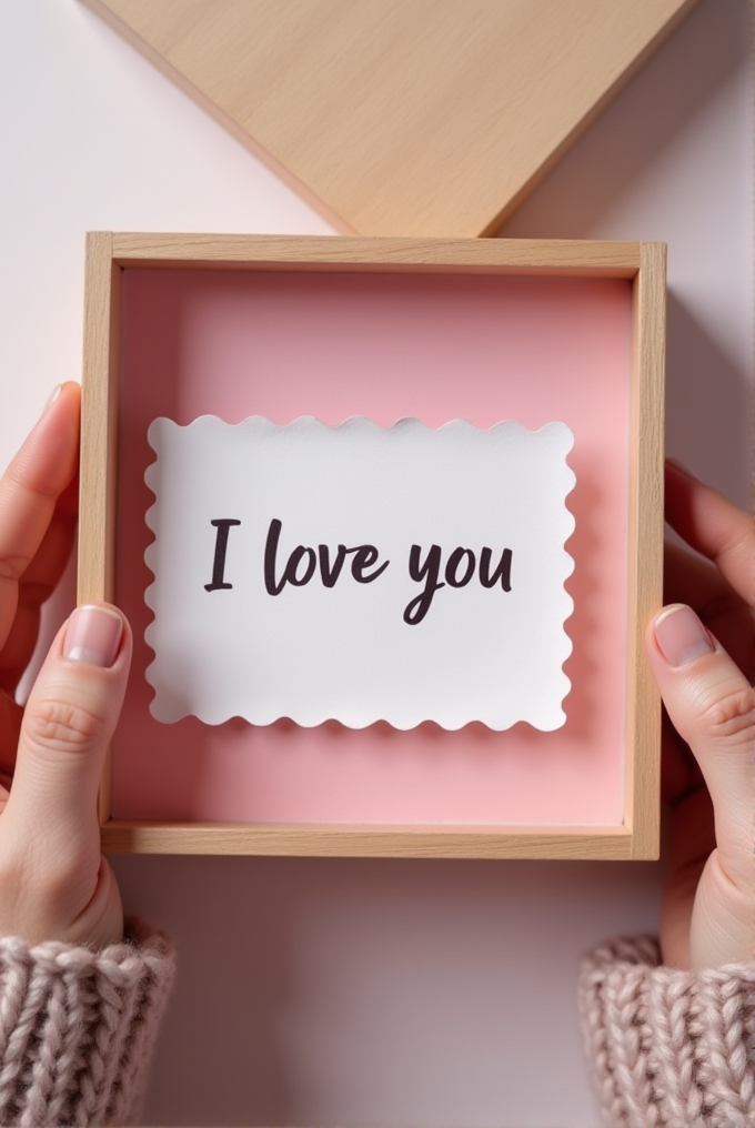 A cozy scene featuring a handwritten 'I love you' note on scalloped white paper within a wooden box, held by two hands.