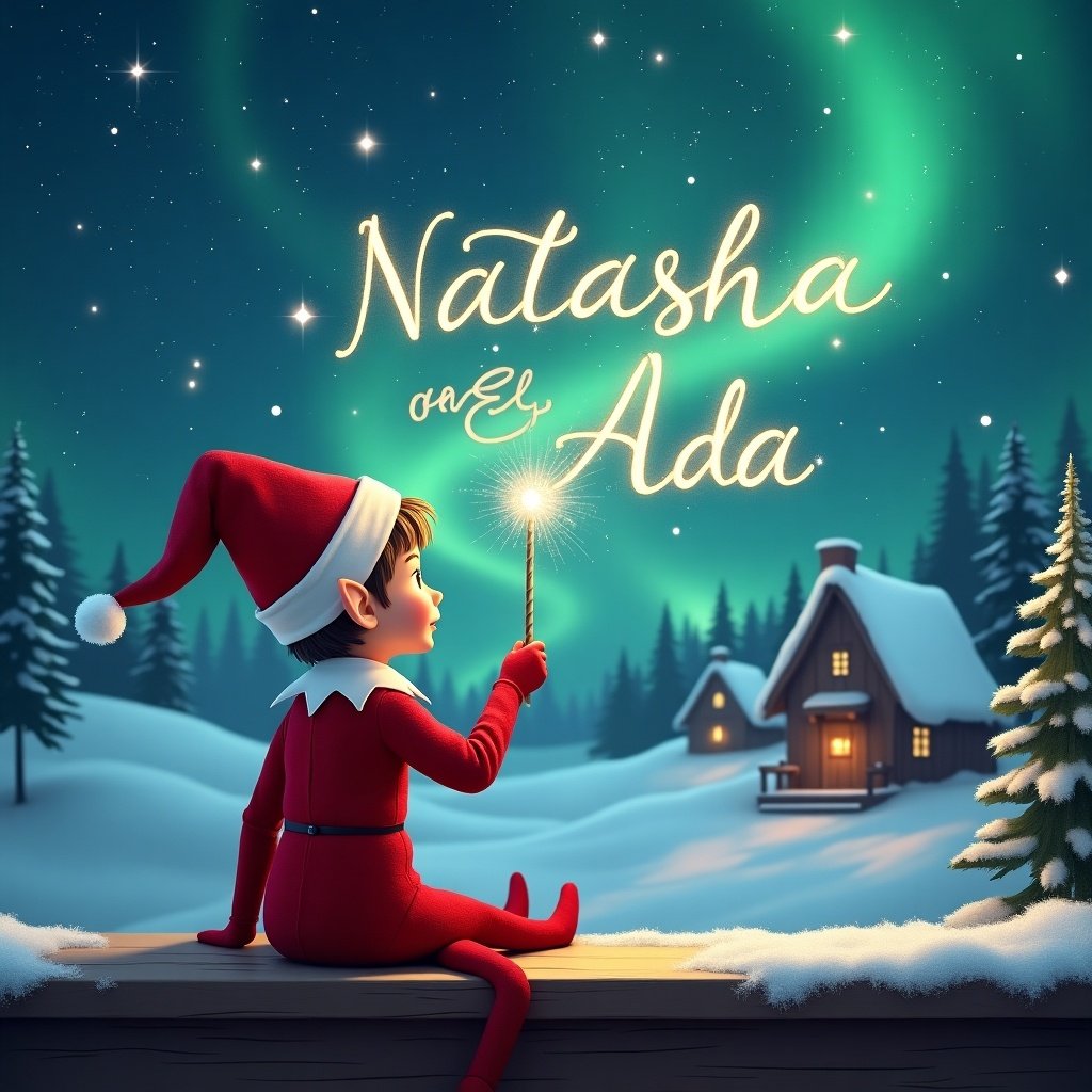 An enchanting scene featuring an elf dressed in a red outfit with a pointed hat. The elf is gazing at the magical sky, holding a sparkling wand. With this wand, the elf elegantly writes the names 'Natasha' and 'Ada' among the stars. The background is filled with a snowy landscape, adorned by charming little houses and evergreen trees, all under the shimmering Northern Lights. This whimsical image captures the essence of childhood magic and the joy of Christmas spirit. It's perfect for evoking a sense of wonder and festivity.