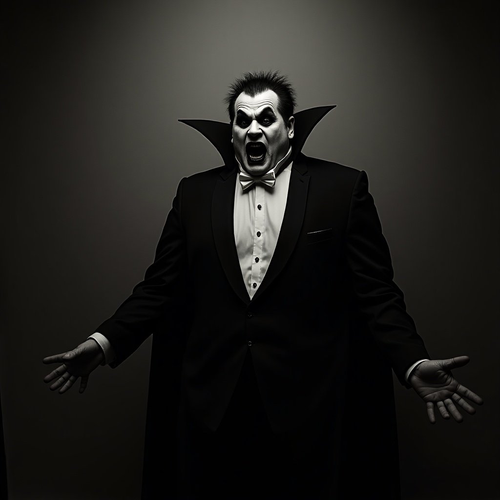 A figure dressed as Dracula with a cape and bow tie. The figure stands dramatically with arms extended. The scene has a mysterious and theatrical atmosphere.