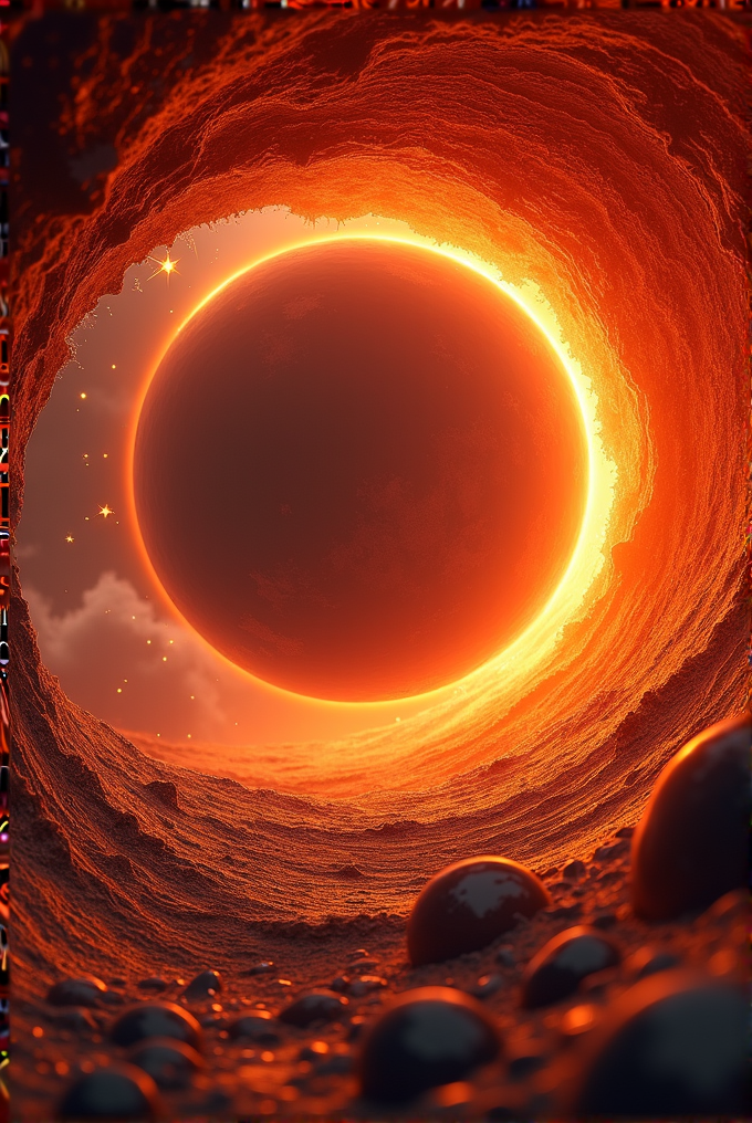 A glowing orange sphere is set against a backdrop of a rocky, fiery cave.