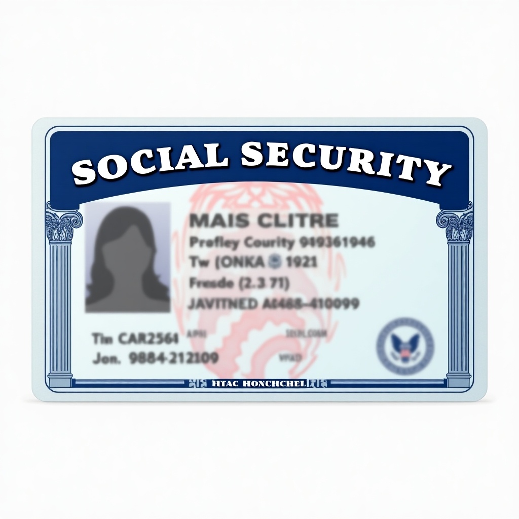 This image features a detailed Social Security card illustrating its design. Prominent text shows 'Social Security' at the top. Colors include blue, white, and red typical of U.S. government identification. High resolution showcases card characteristics.