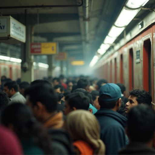 Shot taken in a crowded Indian train station full of people. Captures the hustle and bustle of commuters and the ambiance of the station.