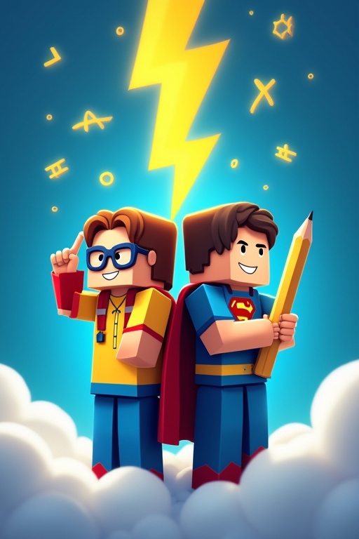 Two Minecraft-style children dressed as superheroes stand back to back. One child wears glasses and holds a pencil. The other child holds a rolled-up test paper. They point to their heads, showing thoughtfulness. A large yellow lightning bolt is above them with floating mathematical symbols. Their lower bodies are surrounded by clouds against a vibrant royal blue background.