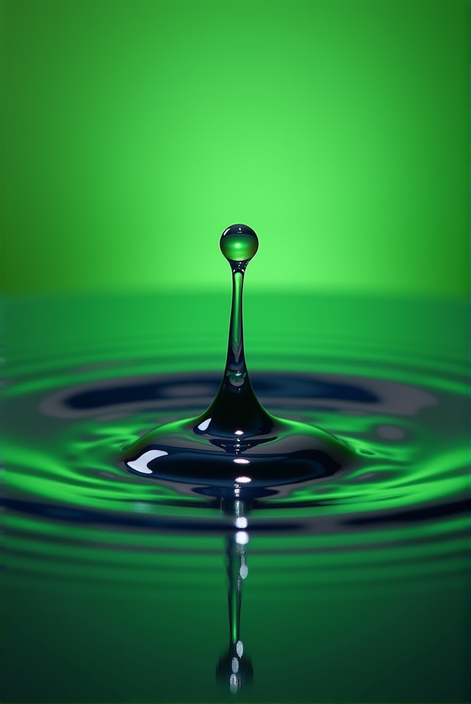 A single water droplet creates a smooth splash on a green background.