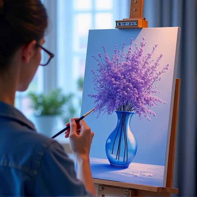 A person painting a canvas of lavender flowers in a blue vase, with soft lighting from a nearby window.