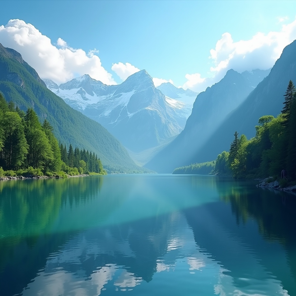 Image features a breathtaking mountainous landscape with a serene lake in the center. Mountains and clear blue sky reflect on the lake's surface. Lush green forests border the lake. Atmosphere is peaceful and vibrant. Soft clouds float above.