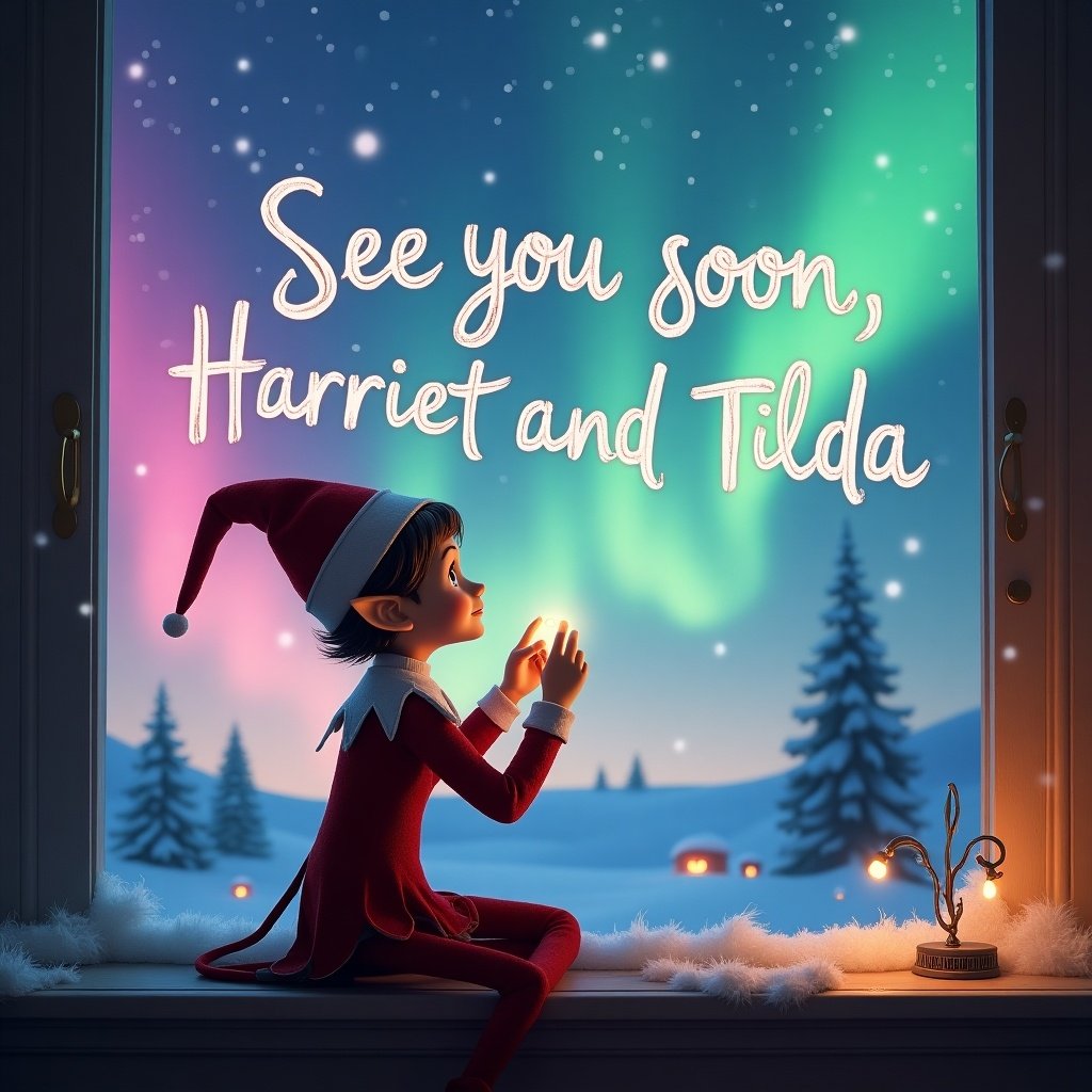 This image depicts a traditional girl elf on the shelf with short hair, sitting by a window. She is writing the words 'See you soon, Harriet and Tilda' while gazing at the breathtaking Northern Lights in hues of pink, blue, green, and purple. The scene captures the magical essence of the holiday season. Snow can be seen outside the window, adding to the winter wonderland vibe. The elf's expression reflects joy and anticipation, embodying the spirit of Christmas. It's a whimsical and heartwarming sight that appeals to both children and adults alike.