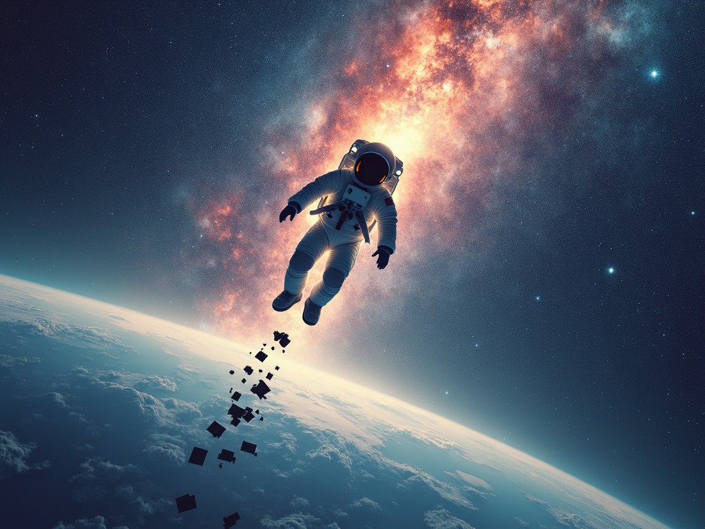 The image depicts an astronaut floating in the vastness of space, with a breathtaking galaxy visible in the background. The scene captures the beauty and mystery of the universe, showcasing vibrant colors like purple and orange. Small squares drift away from the astronaut, adding an element of intrigue. Earth is visible below, creating a striking contrast with the cosmic backdrop. This image inspires thoughts of adventure and exploration beyond our planet.