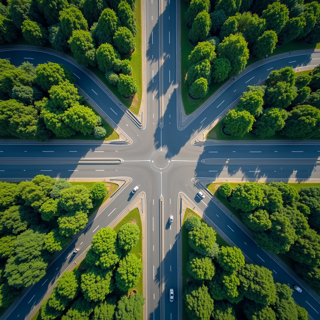 Aerial view of a road intersection surrounded by lush green trees.