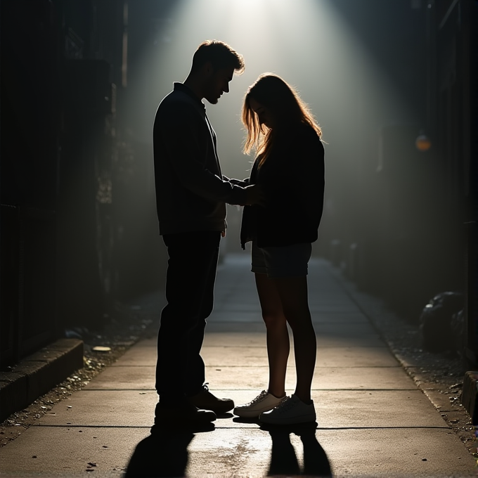 Two people stand closely in a dimly lit alley, their silhouettes contrasted by a beam of light.