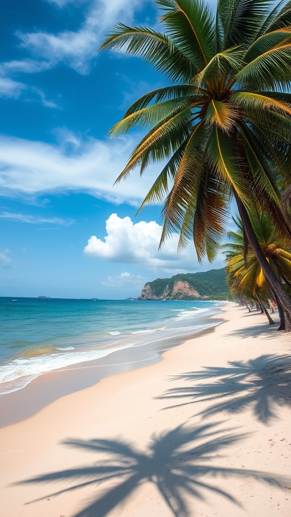 A tropical beach with palm trees casting shadows on the sand under a clear blue sky.