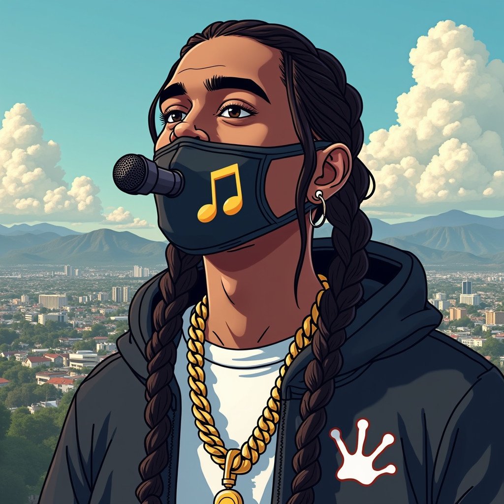 Illustration of a cartoon rapper with braids wearing a hooded sweatshirt. Rapper has a mic and music note on mask. Background features a city with tall buildings and mountains. Vibrant colors enhance the visual.