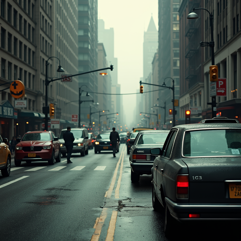 A misty, early morning city street scene with cars and people moving through light traffic amidst towering buildings.