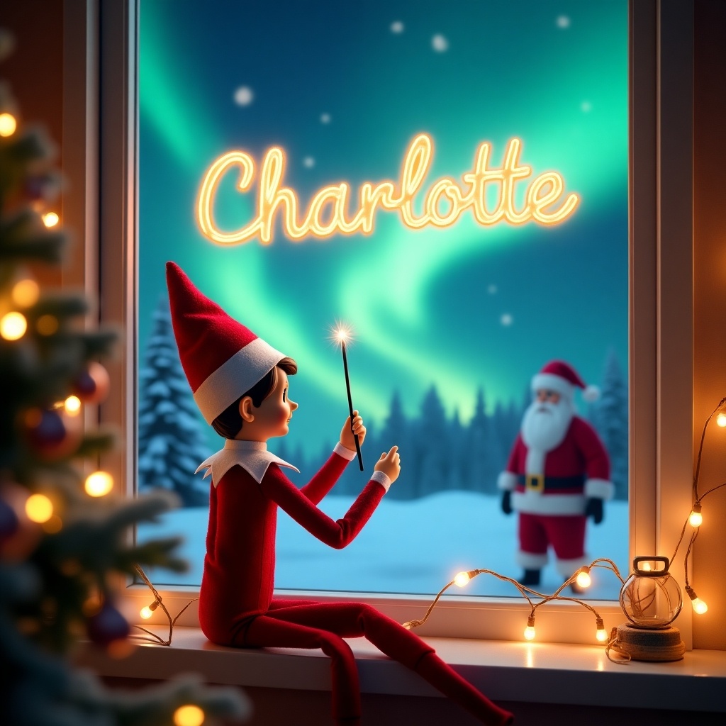 An Elf on the Shelf sits near a window facing vibrant northern lights at night. The elf, in classic red and white, holds a wand crafting the name 'Charlotte' in glowing letters. Santa Claus appears in the background. The scene has Christmas lights and a decorated tree, creating a warm holiday atmosphere.