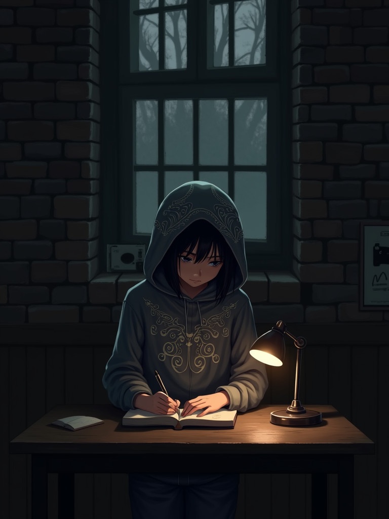 A young figure stands at a table in a dimly lit room. The figure wears a hoodie with intricate designs. The warm glow of a lamp illuminates the surroundings. The atmosphere feels somber and secretive.