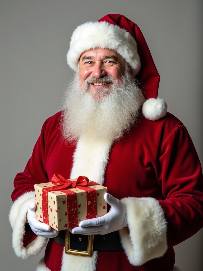 A man dressed as Santa Claus holds a decorated gift. He wears bright red and white clothing. Background is neutral. The image captures the spirit of Christmas.