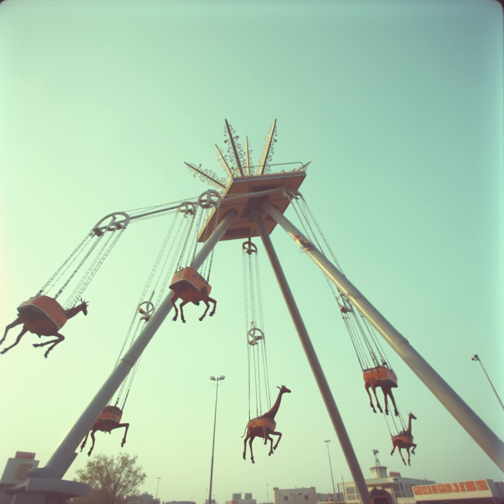 A theme park ride with giraffe-shaped seats hanging from metal chains in the air.