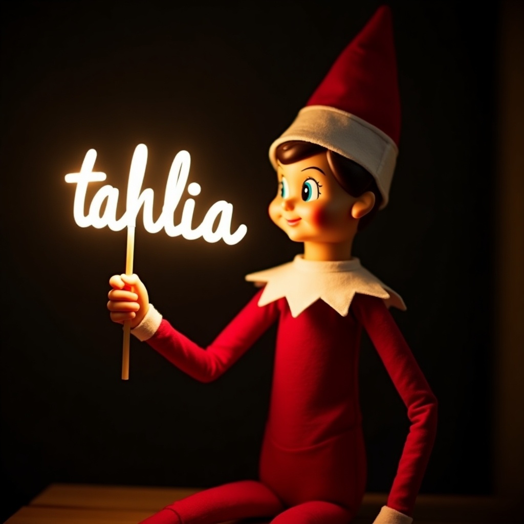 This image depicts an elf on the shelf, traditionally dressed in red and white. The elf is joyfully holding a glowing stick that shapes the name 'tahlia'. The backdrop is rendered dark, which enhances the soft illumination of the letters. This creates a warm ambiance associated with the festive season. The scene encapsulates feelings of magic and joy, reminiscent of Christmas celebrations.