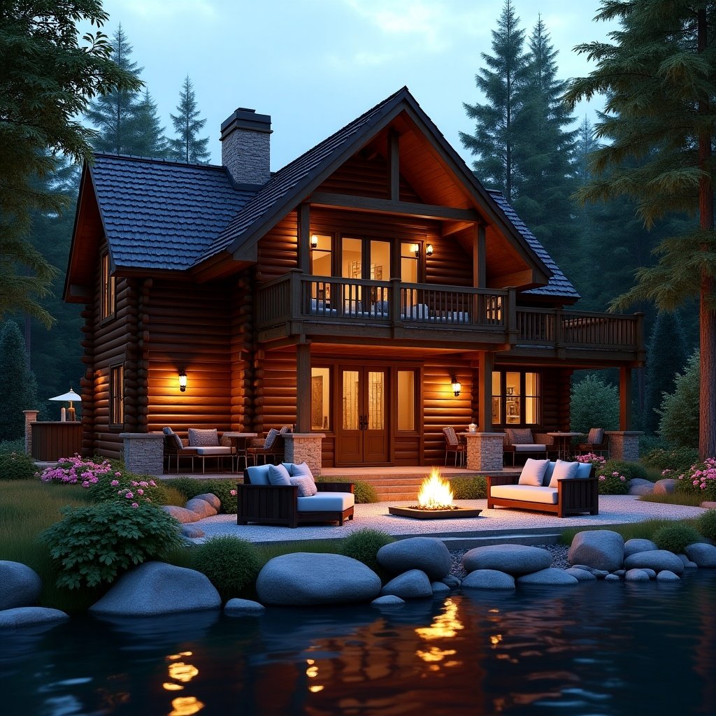 Luxurious log cabin cottage by the river at night. Surrounded by beautiful flowers and sofas. Small firepit nearby. Cinematic 3D rendering.