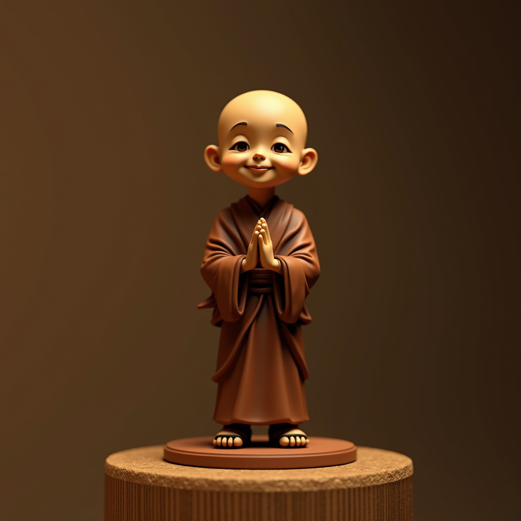 A cute figurine of a young monk with a joyful expression stands in a gentle prayer pose.