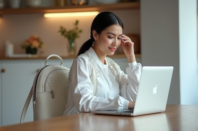 A woman in a white long-sleeved blouse concentrates on reading from an Apple laptop, with a chic backpack on the chair beside her, set in a softly illuminated room.