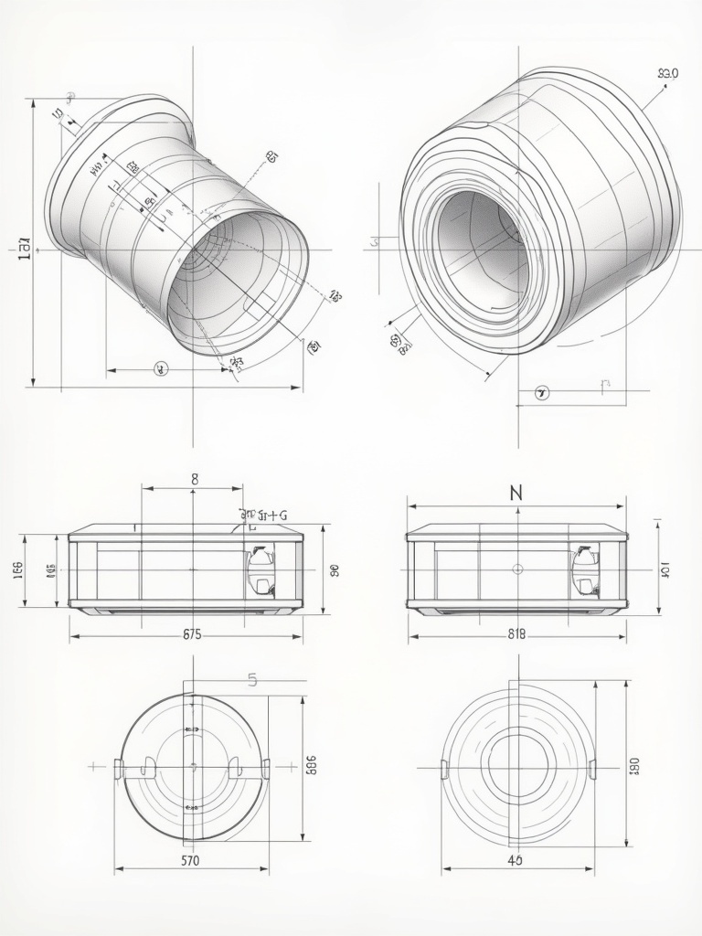 Image showcases engineering drawing with orthographic views in 3rd angle projection. Drawing features front view, top view, side view with metric dimensions. Key features include circles, angles, notations for radii and diameters. Includes a section marked 'Sketch isometric here.' Detailed measurements crucial for manufacturing.