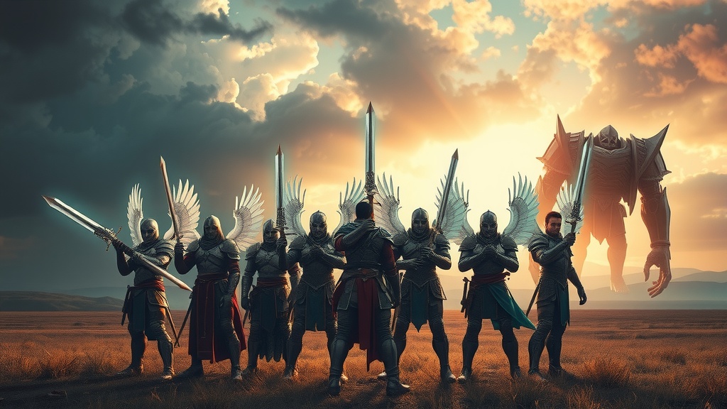 A group of winged warriors clad in armor stand poised beneath a dramatic sky, each holding a sword as they face forward in readiness. Behind them looms a colossal, intimidating robotic figure, silhouetted by the setting sun, casting an imposing shadow over the dry landscape. The scene is charged with a sense of valor and impending conflict.