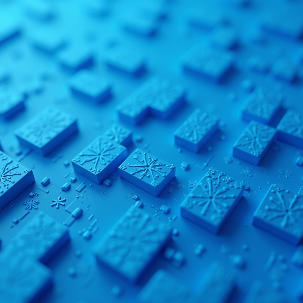 A close-up view of embossed blue tiles with snowflake patterns in a geometric arrangement.