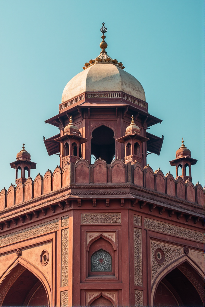 A detailed view of a carved stone tower with a dome top against a blue sky.