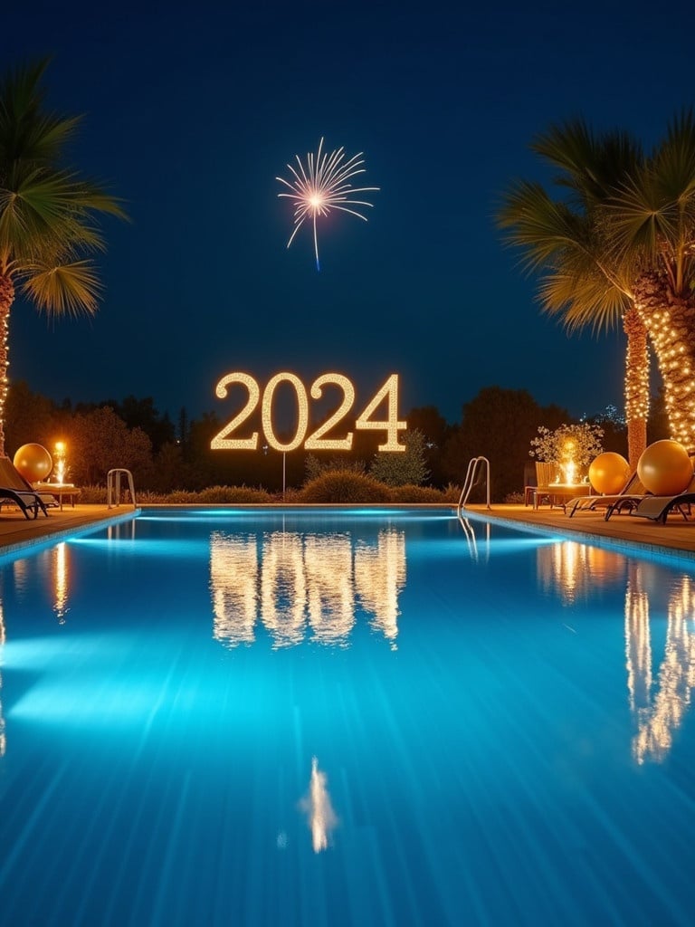 Elegant swimming pool scene at night. Illuminated with blue and golden lights. Surrounded by minimalist New Year decorations. Glowing fairy lights and golden balloons included. Stylish '2024' sign present. Water reflects warm light creating tranquil atmosphere. Faint fireworks in the background light up the night sky. Scene conveys festive yet serene vibe for celebrating the New Year.