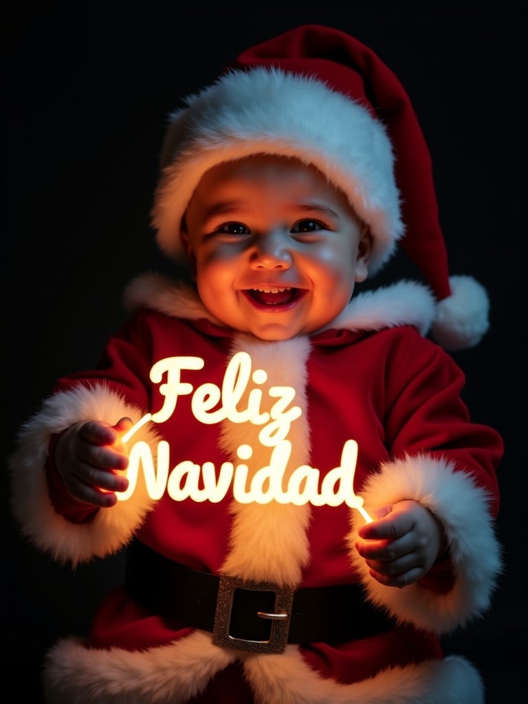 Baby Santa Claus wearing red and white suit holding a glow stick that says 'Feliz Navidad'. Warm and cheerful expression. Dark background enhances glowing text.