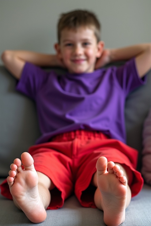 A boy dressed in vibrant red shorts and a bright purple shirt sits comfortably in a well-lit room. He puts his hands behind his head. His bare feet are pointed towards the camera, highlighting wet soles. The boy gazes directly at the viewer, expressing a sense of confidence and openness.