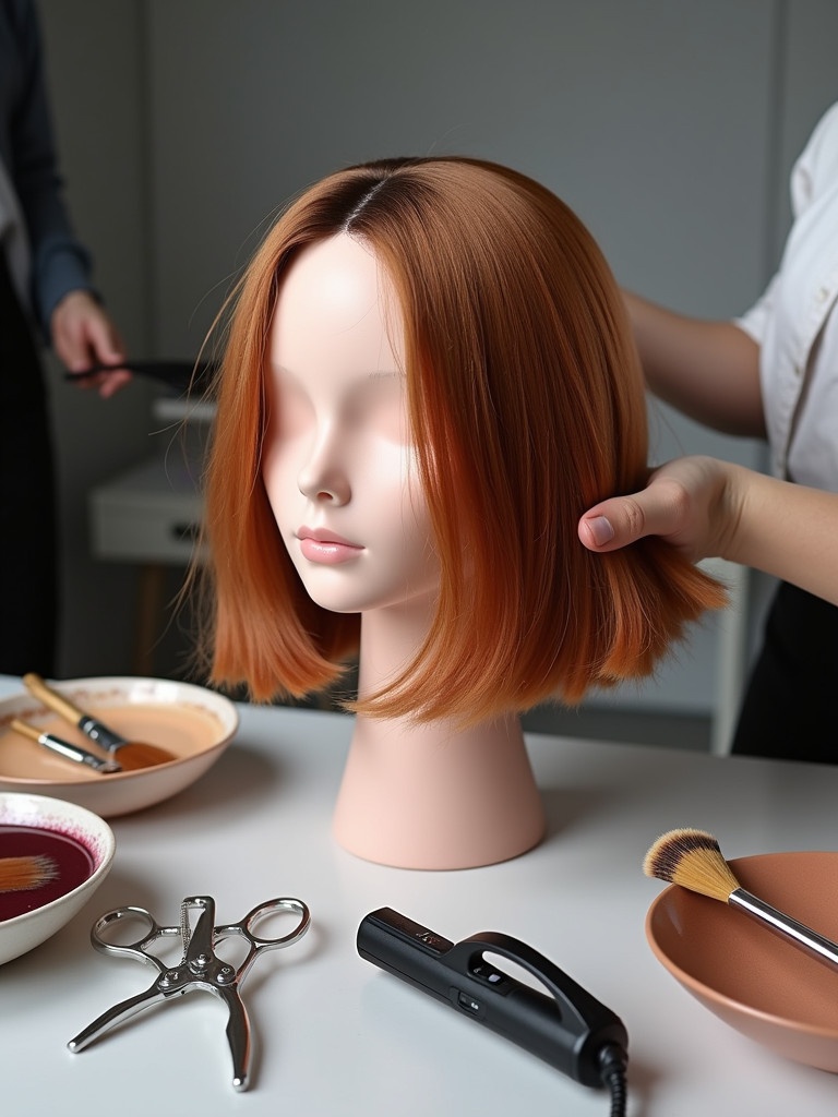 A realistic detailed image of a cranial prosthetic wig on a mannequin head. The wig is styled freshly in vibrant tones. Professional hairstyling tools surround the wig. Shiny hair-cutting shears wide-tooth combs are visible along with hair dye bowls and brushes. A clean and modern workspace is shown with soft lighting highlighting the wig.