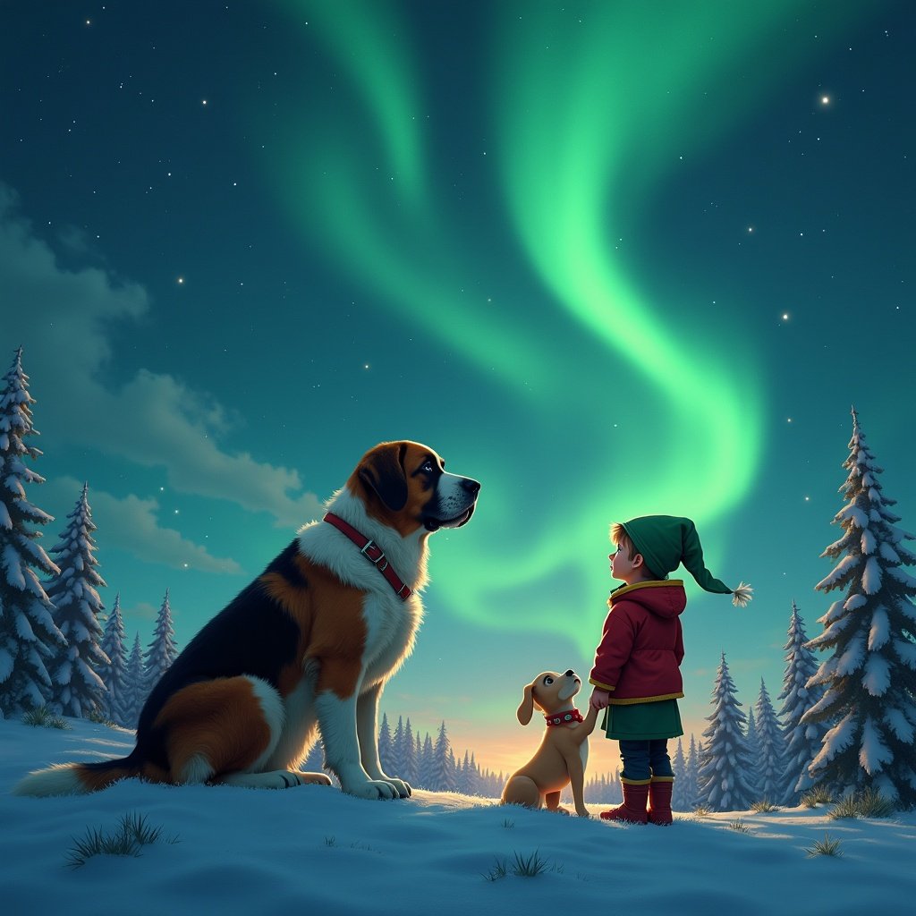 A boy and girl elf with a Saint Bernard looking to the sky as the northern lights spell out Bryce