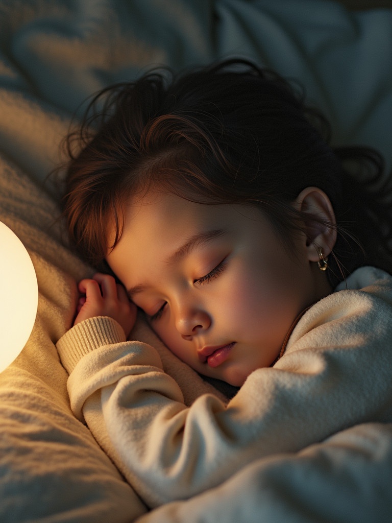 A girl is sleeping peacefully in a cozy bed. Soft light emanates from a nearby lamp. The scene evokes a sense of calm and tranquility. It showcases a cozy bedroom environment with soft bedding.