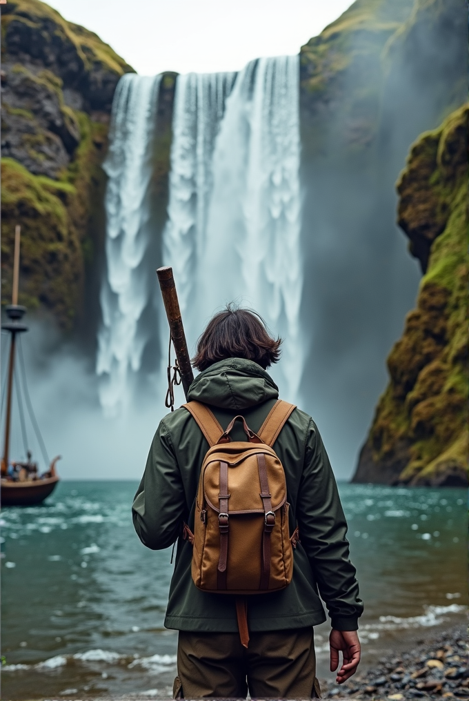 A person with a backpack stands by a large waterfall, holding a walking stick.