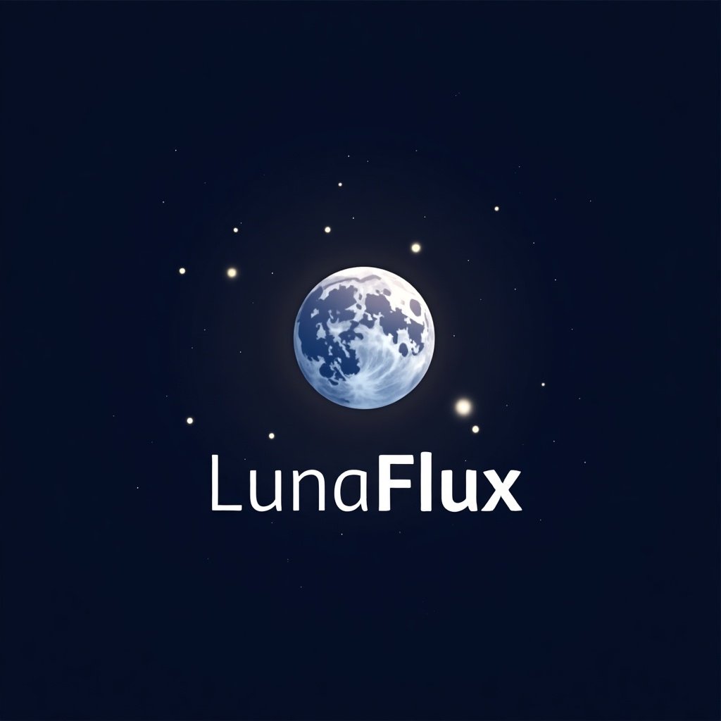 The image features the word 'LunaFlux' prominently displayed against a dark blue background. The name combines 'Luna', representing the moon, with 'Flux', symbolizing change. In the center is an artistic depiction of the moon, glowing softly. Surrounded by small star-like elements, the image evokes a sense of innovation and growth. The overall design is sleek, modern, and visually appealing, making it suitable for a tech brand. It suggests a journey of constant evolution in the digital realm.