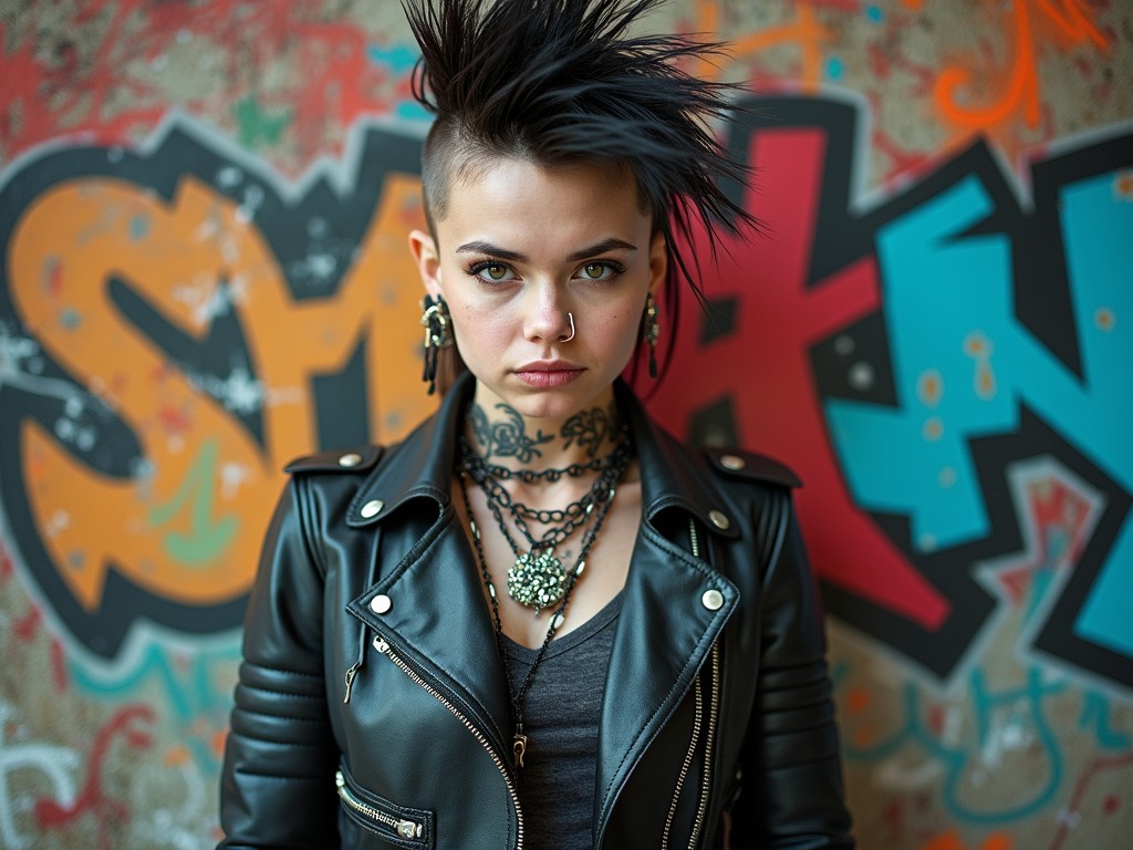 The image features a person with a striking punk hairstyle standing against a graffiti-covered wall. They wear a black leather jacket and intense expression, reflecting a rebellious and edgy demeanor. Various jewelry accents and tattoos enhance the punk aesthetic, creating a bold visual impact.