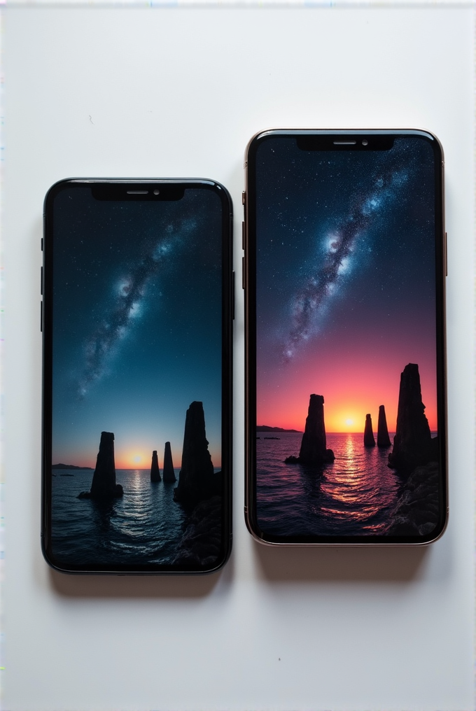 Two smartphones display a vibrant seascape with a colorful sunset and towering rocks in silhouette, set against a starry sky and the Milky Way.