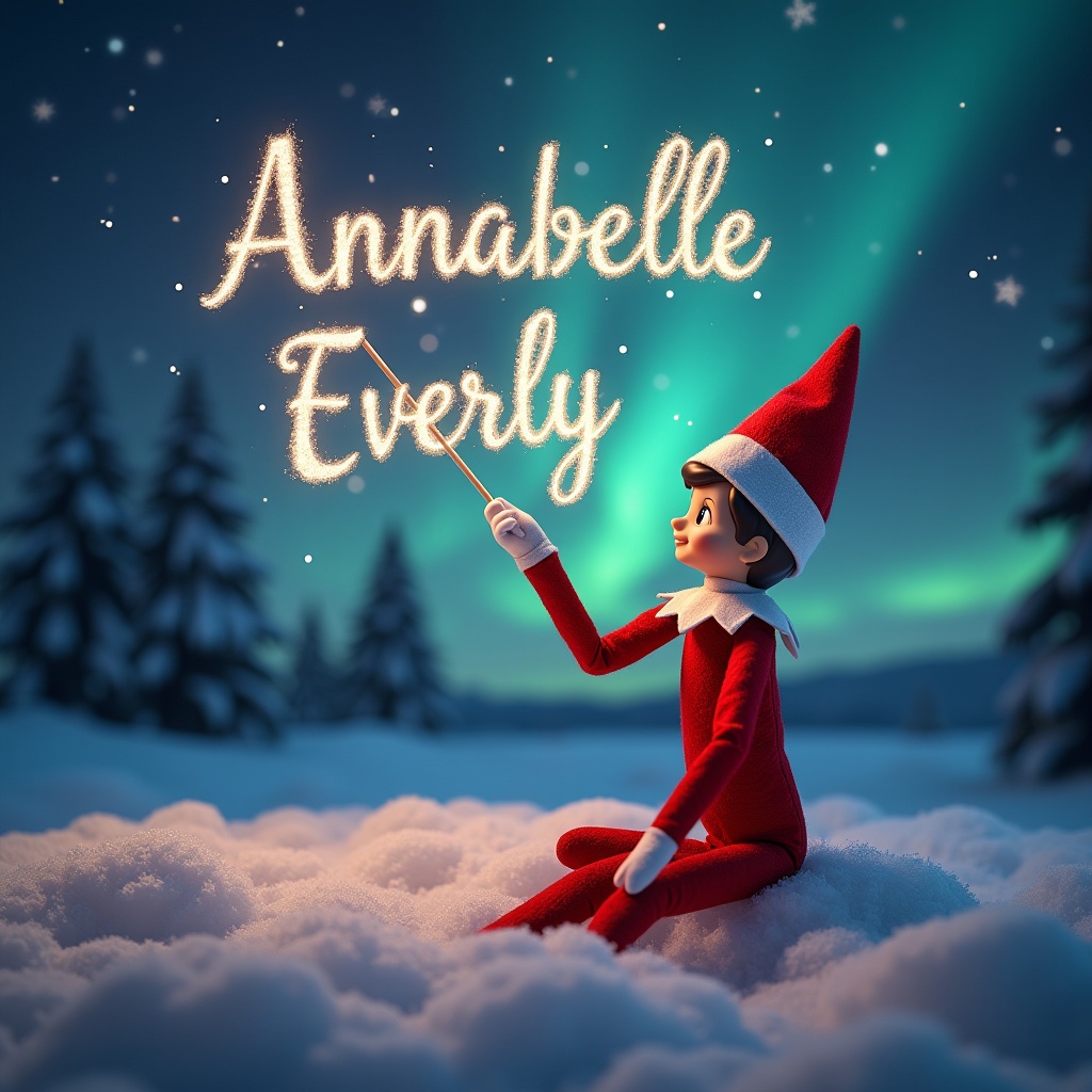 This image captures a charming scene featuring a girl elf on the shelf. The elf is dressed in a classic red outfit and is positioned with its back to the viewer. It gazes upwards towards a captivating sky illuminated by vibrant northern lights. In one hand, the elf holds a magic wand, which it uses to elegantly write the names Annabelle and Everly in sparkling letters above. The snowy ground enhances the serene and magical atmosphere of this holiday moment.