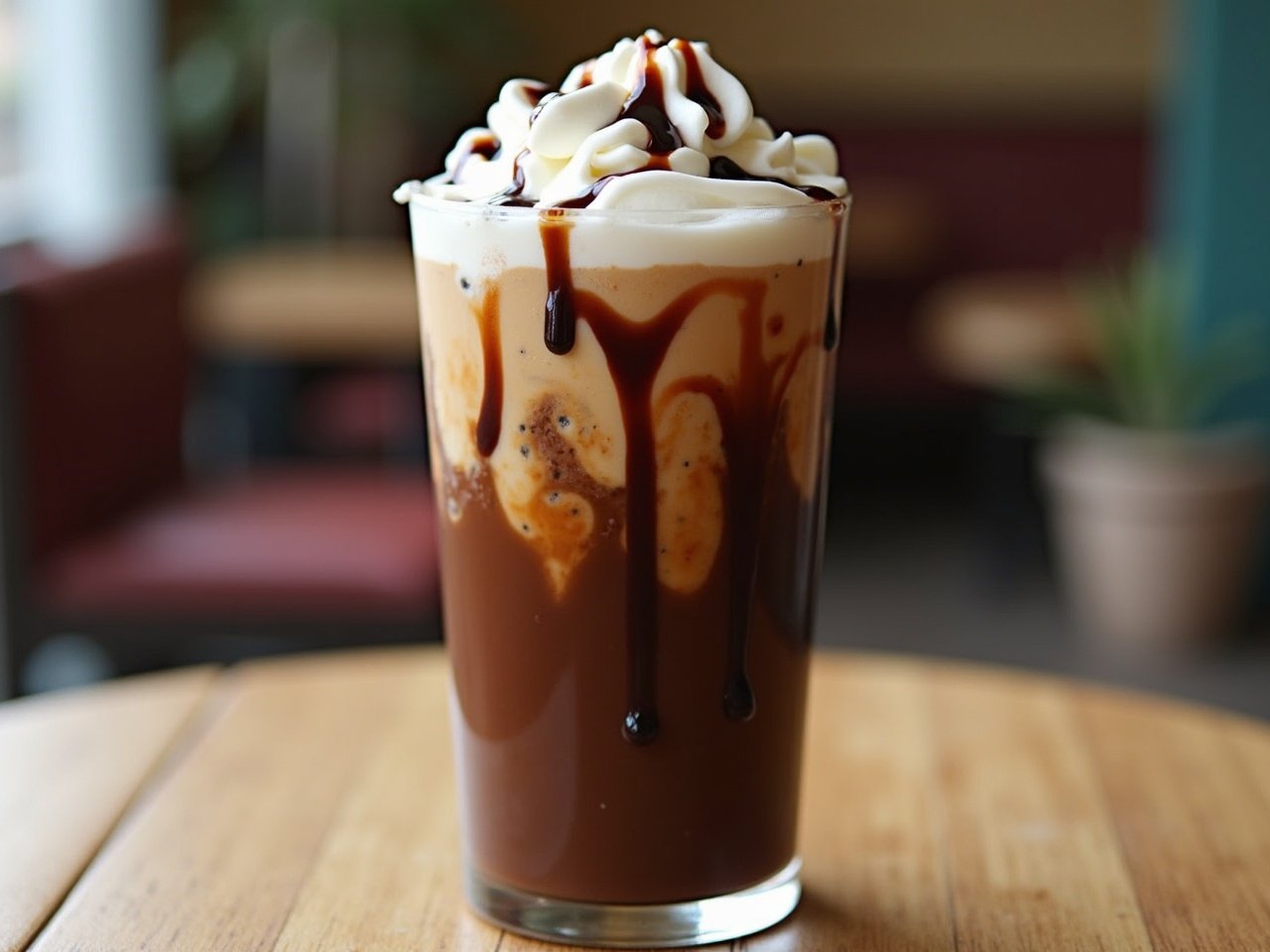 Iced chocolate coffee with fresh cream topped with chocolate syrup